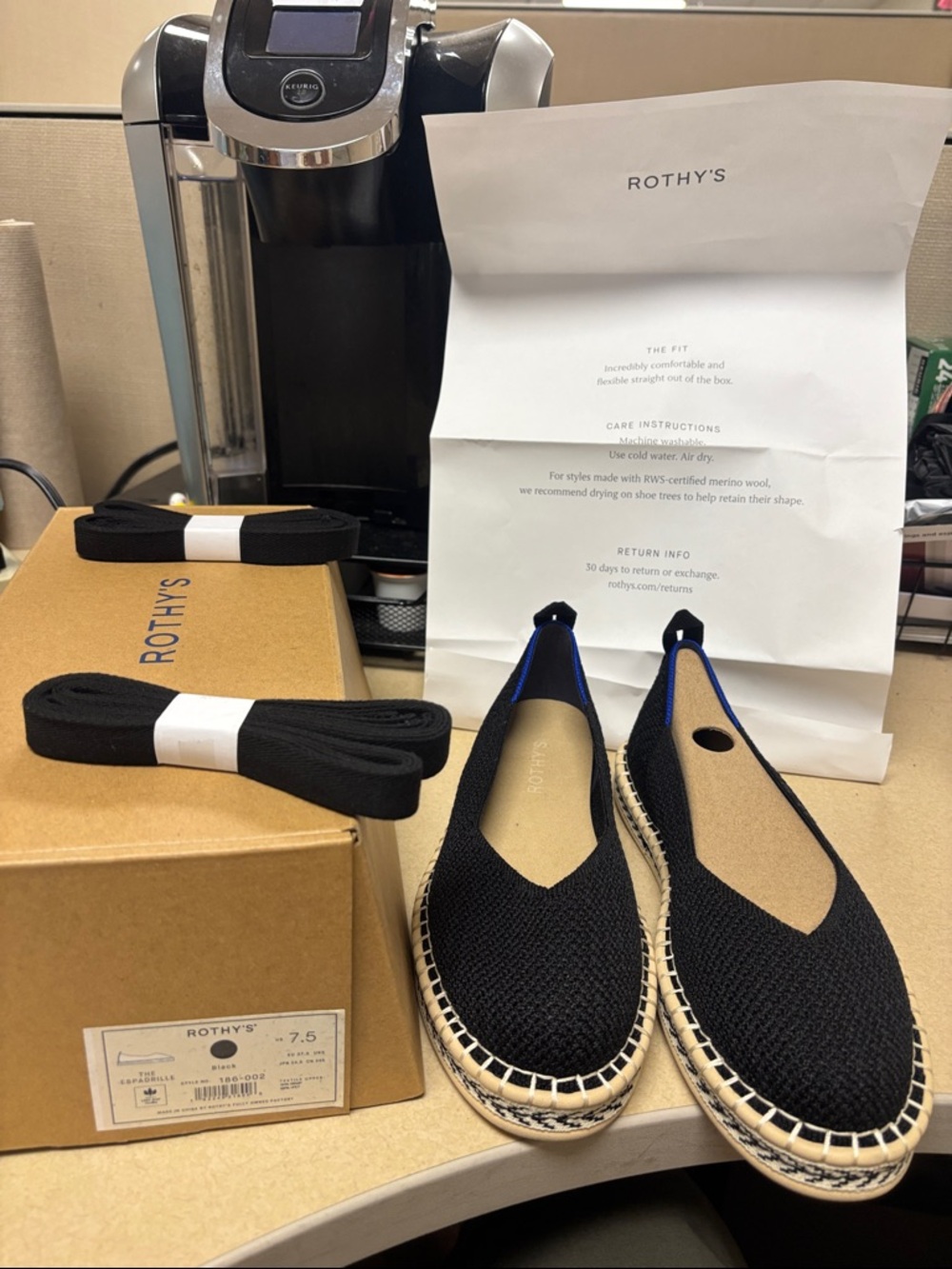 Rothy's Black Knit Espadrille Flats with Blue Accent